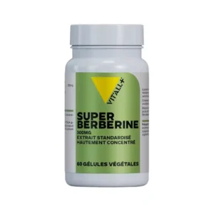 Flacon de complément alimentaire Vit'All+ Super Berbérine 300mg en gélules végétales.