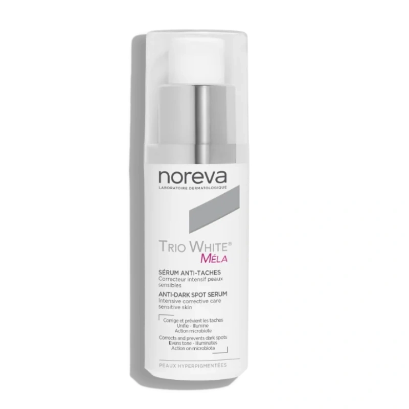 Flacon compte-gouttes de Noreva Trio White Mela Sérum Anti-Taches de 30ml pour un teint unifié et lumineux.