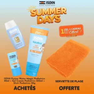 Pack solaire pédiatrique ISDIN comprenant Gel Cream 250ml, Fusion Water Pediatrics 50ml, Stick Pediatrics 20g et une serviette de plage offerte.