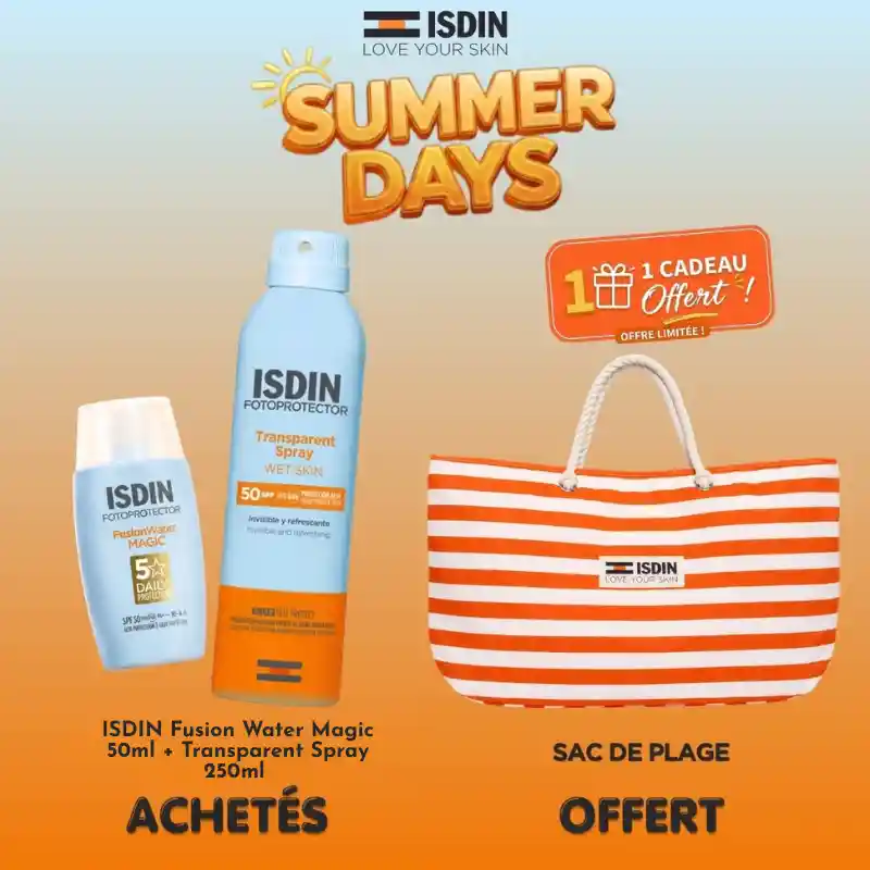 Pack solaire ISDIN avec Fusion Water Magic 50ml, Transparent Spray 250ml et sac de plage offert.