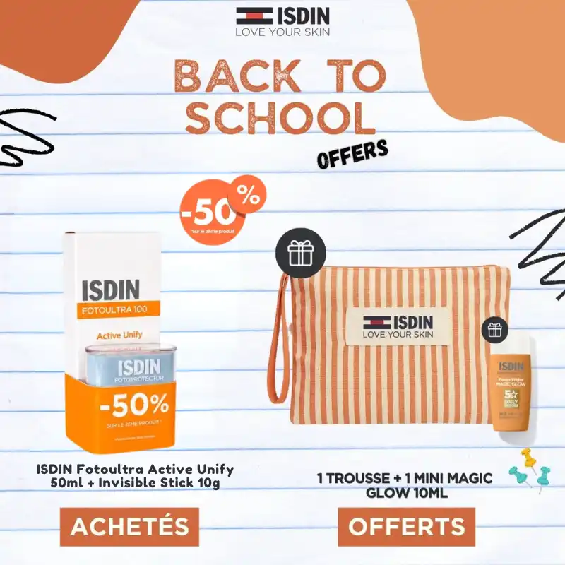 Coffret pack isdin Fotoultra 100 active unify spf50 contenant le fluide dépigmentant 50ml et le stick invisible zones sensibles à moitié prix