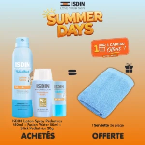 Pack d'été Offre Isdin Summer contenant la Lotion Spray Pediatrics 250ml, le fluide Fusion Water Pediatrics 50ml, le Stick 20g et une serviette de plage offerte.