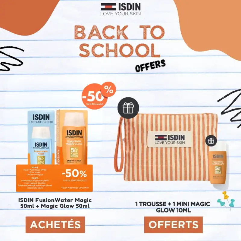 pack isdin fusion water magic spf 50 contenant le fluide invisible 50ml et le fluide magic glow à moitié prix