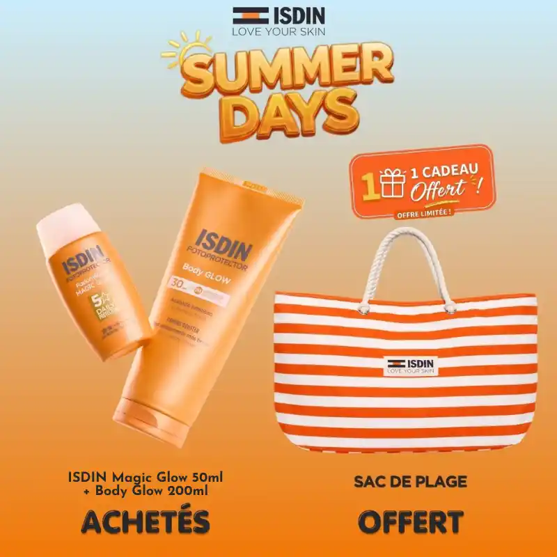 Coffret solaire ISDIN Magic Glow 50ml et Body Glow 200ml accompagné de son sac de plage offert.