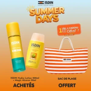 Pack solaire ISDIN comprenant l'Hydro Lotion 200ml, le Fusion Water Magic Alcaraz 50ml et un sac de plage offert.