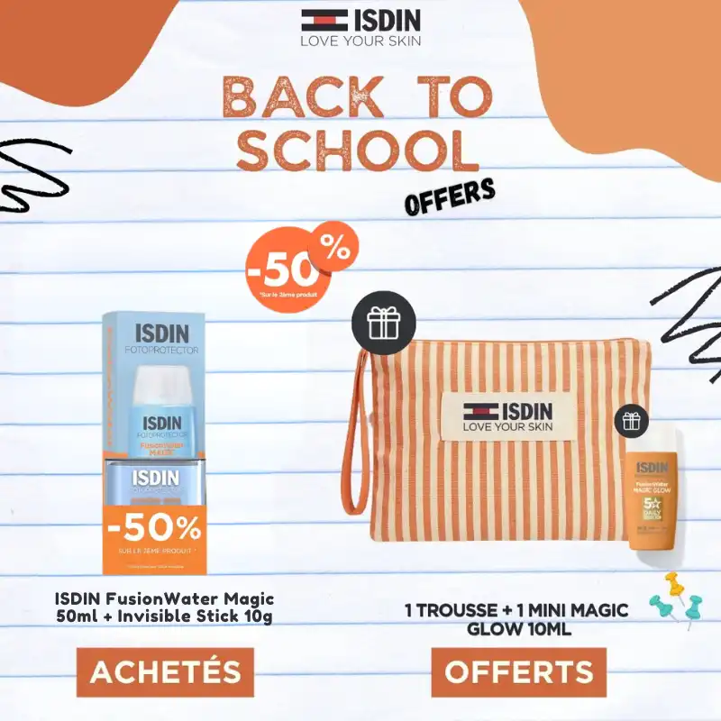Coffret pack isdin fusion water magic spf 50 contenant le fluide visage 50ml et le stick zones sensibles invisible à moitié prix.