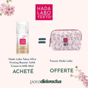 Flacon de Hada Labo Ultra Firming Booster 7xHA Cream-in-Milk pour une hydratation intense et un effet tenseur.