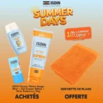 Coffret solaire ISDIN comprenant Fusion Water Magic 50ml, Gel Cream 250ml, Stick Pediatrics 20g et un sac de plage offert.