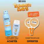 Pack solaire pédiatrique ISDIN Lotion Spray 250ml, Fusion Water Pediatrics 50ml et raquettes de plage offertes.