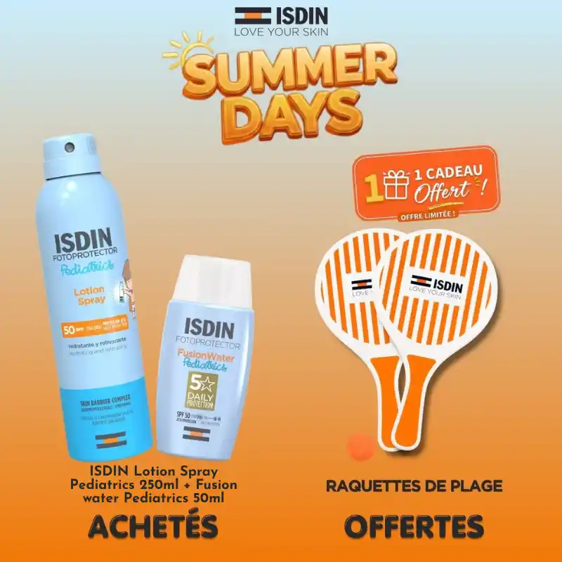 Pack solaire pédiatrique ISDIN Lotion Spray 250ml, Fusion Water Pediatrics 50ml et raquettes de plage offertes.