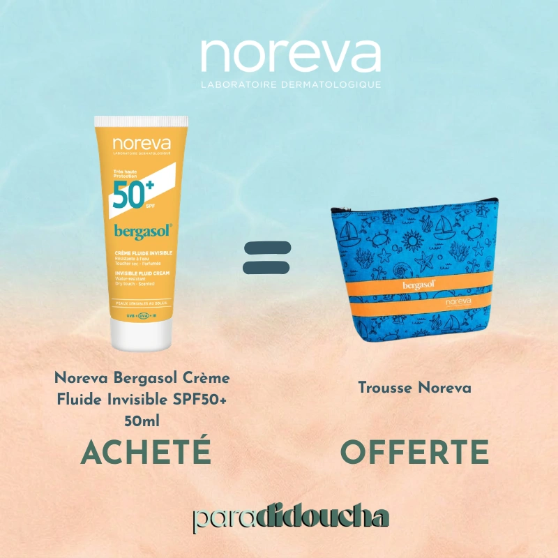 Flacon pocket de Noreva Bergasol Crème Fluide Invisible SPF50+ Toucher Sec de 50ml pour une haute protection solaire nomade.