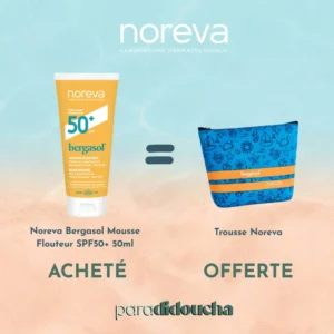 Flacon de Noreva Bergasol Mousse Flouteur SPF50+ de 50ml à texture aérienne lissante et matifiante.