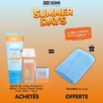 Pack d'été Offre Isdin Summer contenant le Gel Crème Pediatrics 250ml, le fluide Magic Color Médium 50ml, l'Invisible Stick et une serviette de plage offerte.