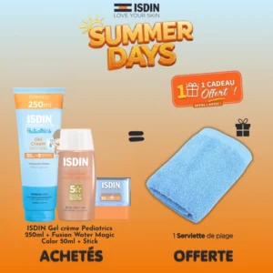 Pack d'été Offre Isdin Summer contenant le Gel Crème Pediatrics 250ml, le fluide Magic Color Médium 50ml, l'Invisible Stick et une serviette de plage offerte.