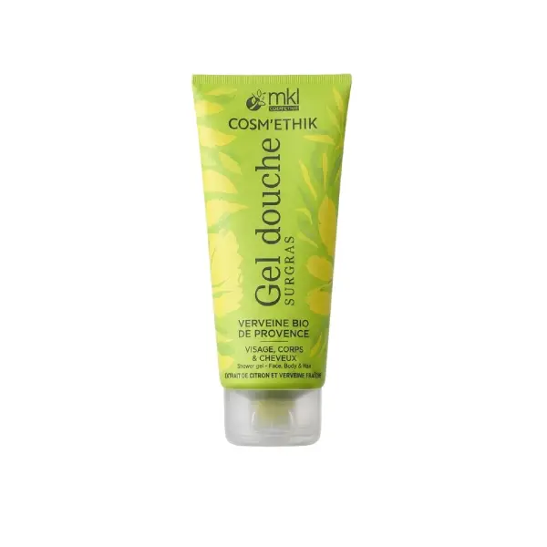 Flacon tube de mkl gel douche surgras verveine bio 200ml pour l'hygiène, la fraîcheur tonifiante et le confort nomade de toute la famille