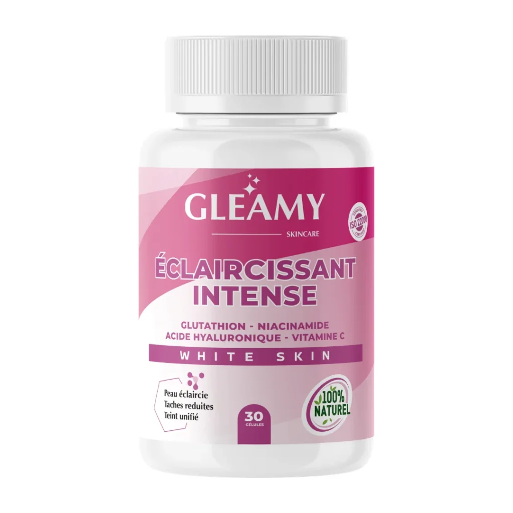 Boîte de compléments alimentaires Gleamy Eclaircissant Intense contenant 30 gélules pour l'éclat et l'uniformité du teint.