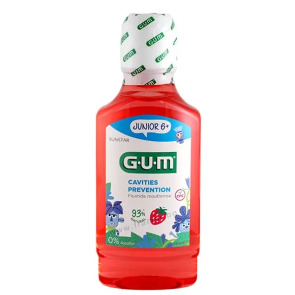 GUM Bain de Bouche Junior 6+ 300ml goût fraise pour la prévention des caries.