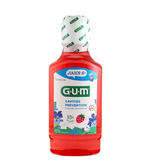 GUM Bain de Bouche Junior 6+ 300ml goût fraise pour la prévention des caries.