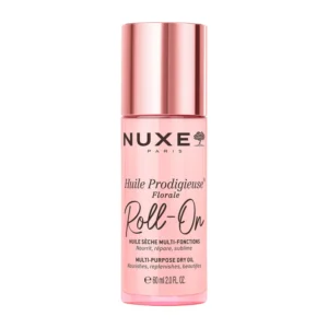 Flacon en verre NUXE Huile Prodigieuse Florale Roll-On de 60ml avec applicateur à bille pour le visage, le corps et les cheveux.