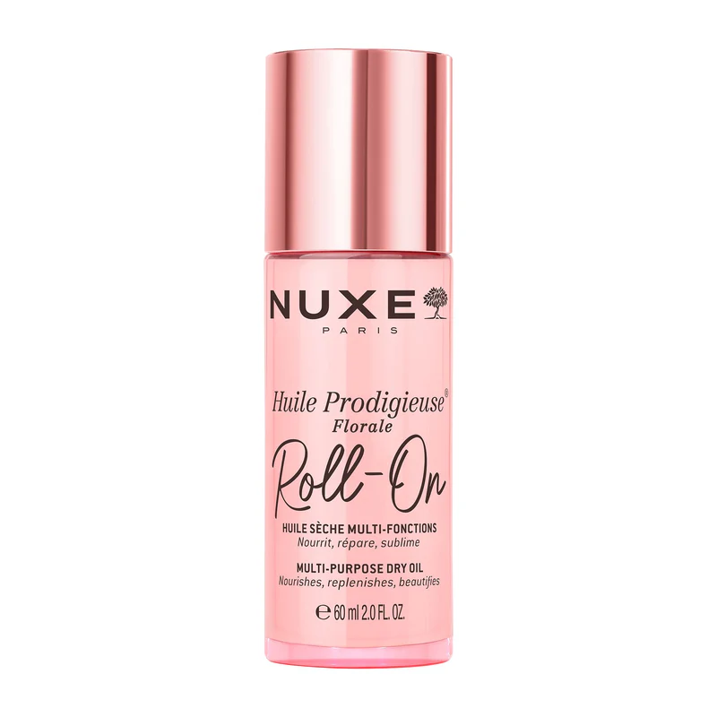 Flacon en verre NUXE Huile Prodigieuse Florale Roll-On de 60ml avec applicateur à bille pour le visage, le corps et les cheveux.