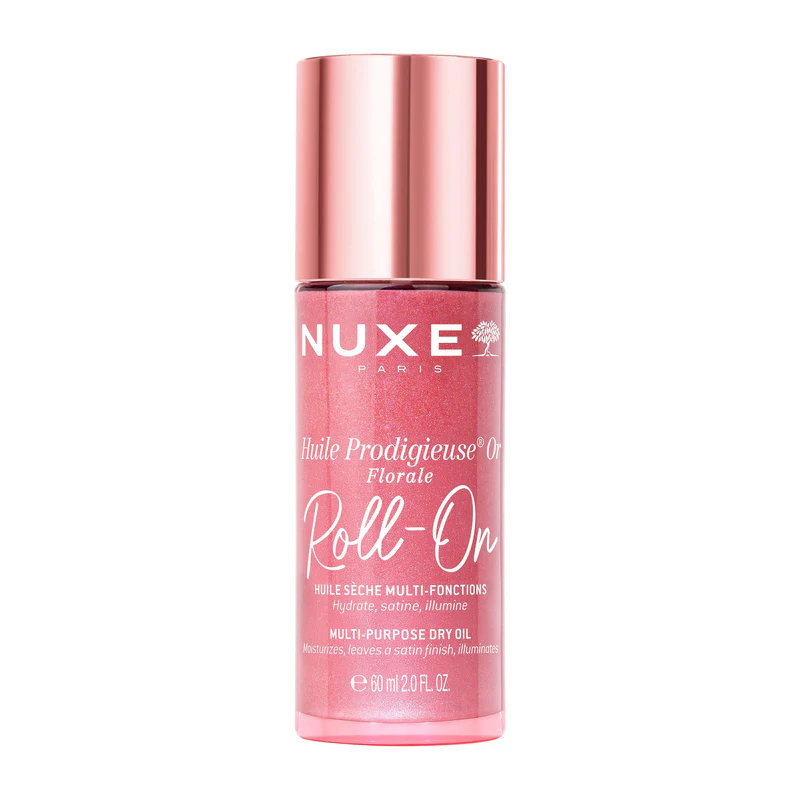 Flacon nomade en verre NUXE Huile Prodigieuse Or Florale Roll-On de 60ml avec applicateur à bille pour un éclat or rose irisé.