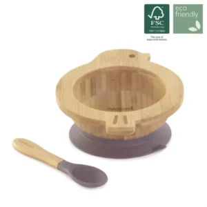 Set de repas Miniland comprenant un bol en bois de bambou en forme de poussin avec ventouse verte et sa cuillère en silicone