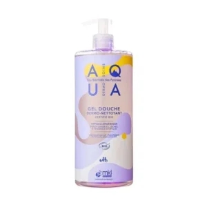 Flacon pompe de 1 Litre de MKL Aqua Dermo Soins Gel Douche Dermo Nettoyant Bio, soin lavant haute tolérance pour peaux sensibles et atopiques.