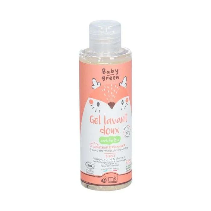 Flacon de MKL Baby Green Gel Lavant Doux de 100ml pour le nettoyage du corps et des cheveux des nourrissons dès la naissance.