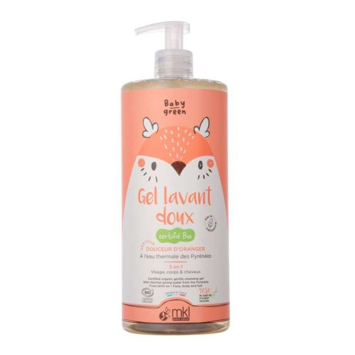 Grand flacon-pompe de MKL Baby Green Gel Lavant Doux de 1 Litre pour le nettoyage du corps et des cheveux des nourrissons.