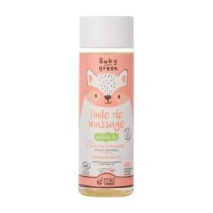 Flacon de MKL Baby Green Huile de Massage Bio de 100ml avec l'illustration du petit raton laveur pour le soin des nourrissons.