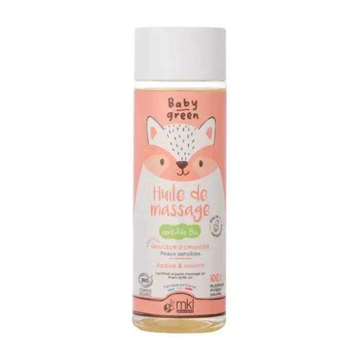 Flacon de MKL Baby Green Huile de Massage Bio de 100ml avec l'illustration du petit raton laveur pour le soin des nourrissons.