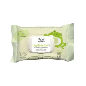 Paquet de 60 lingettes à l'eau hypoallergéniques et compostables MKL Baby Green pour la toilette de bébé.
