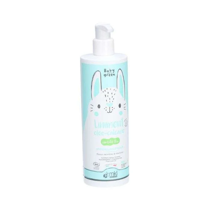 Flacon de MKL Baby Green Liniment Oléo-Calcaire de 400ml pour nettoyer et protéger les fesses de bébé dès la naissance.