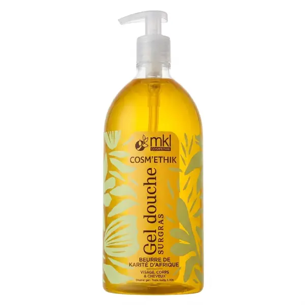Flacon pompe de mkl gel douche beurre de karite bio 1l pour le nettoyage et la nutrition des peaux sèches de toute la famille
