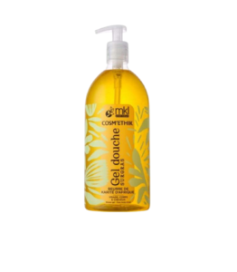 Flacon pompe de mkl gel douche beurre de karite bio 1l pour le nettoyage et la nutrition des peaux sèches de toute la famille.