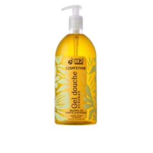 Flacon pompe de mkl gel douche beurre de karite bio 1l pour le nettoyage et la nutrition des peaux sèches de toute la famille.