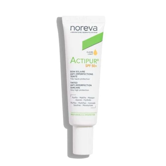 Tube de Noreva Actipur SPF50+ Soin Solaire Anti-Imperfections de 30ml, teinte claire pour peaux acnéiques.