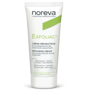 Tube de Noreva Exfoliac Crème Réparatrice de 40ml pour peaux desséchées par les traitements anti-acnéiques.
