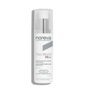 Flacon pompe de Noreva Trio White Mela Soin de Nuit Anti-Taches de 50ml pour un teint unifié et lumineux au réveil.