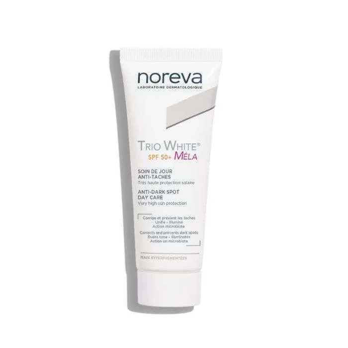 Tube de Noreva Trio White Mela SPF50+ Soin de Jour Anti-Taches de 40ml pour un teint unifié et protégé.