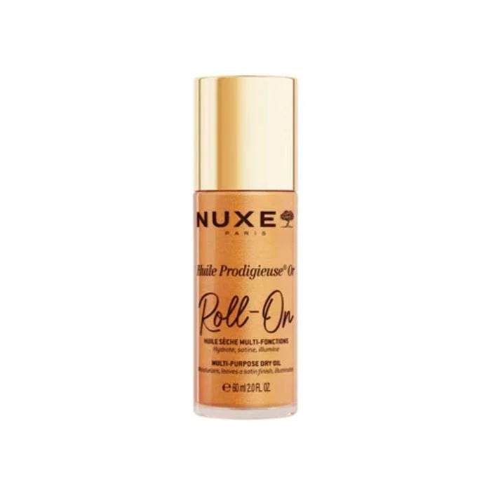 Flacon nomade NUXE Huile Prodigieuse Or Roll-On de 60ml avec applicateur bille pour illuminer le visage, le corps et les cheveux.