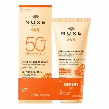 Nuxe Sun crème fondante SPF 50 en tube de 50ml accompagné de son Lait fraîcheur après-soleil de 50ml offert pour le visage et le corps