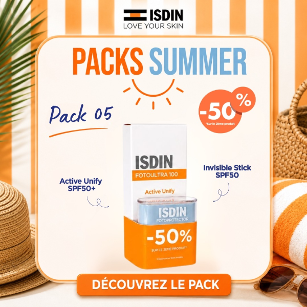 Coffret pack isdin Fotoultra 100 active unify spf50 contenant le fluide dépigmentant 50ml et le stick invisible zones sensibles à moitié prix