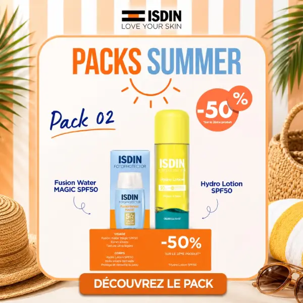Coffret pack isdin fusion water magic spf 50 contenant le fluide visage invisible 50ml et la lotion corporelle biphasique HydroLotion à moitié prix
