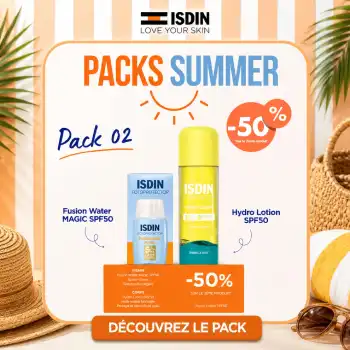 Coffret pack isdin fusion water magic spf 50 contenant le fluide visage invisible 50ml et la lotion corporelle biphasique HydroLotion à moitié prix