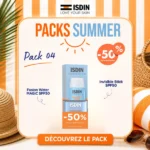Coffret pack isdin fusion water magic spf 50 contenant le fluide visage 50ml et le stick zones sensibles invisible à moitié prix.