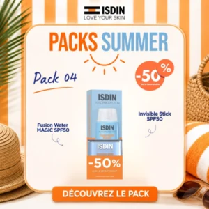 Coffret pack isdin fusion water magic spf 50 contenant le fluide visage 50ml et le stick zones sensibles invisible à moitié prix.