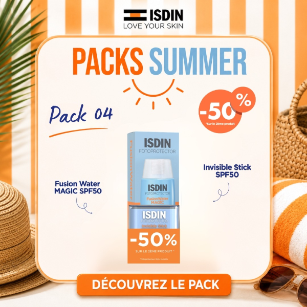 Coffret pack isdin fusion water magic spf 50 contenant le fluide visage 50ml et le stick zones sensibles invisible à moitié prix.