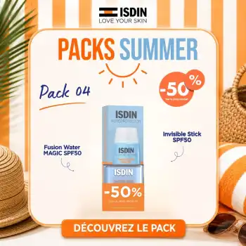 Coffret pack isdin fusion water magic spf 50 contenant le fluide visage 50ml et le stick zones sensibles invisible à moitié prix.