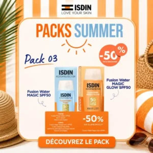 pack isdin fusion water magic spf 50 contenant le fluide invisible 50ml et le fluide magic glow à moitié prix